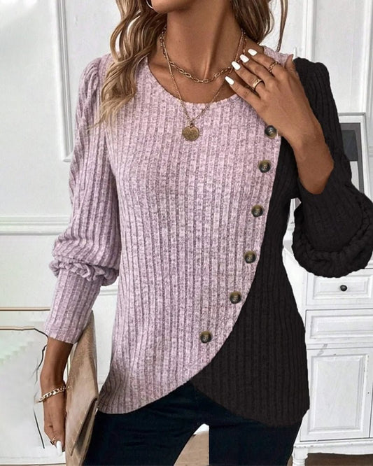 Eva | Damen Rippen-Strickshirt mit Knopfleiste