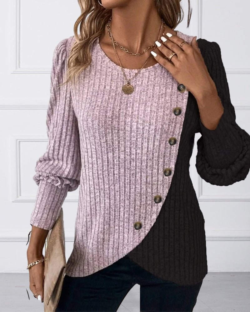 Eva | Damen Rippen-Strickshirt mit Knopfleiste