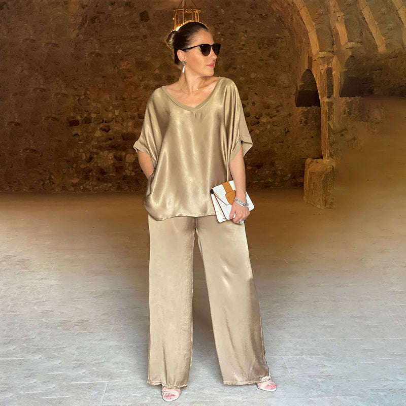Rita | Damen Eleganter Lockerer Satin Jumpsuit