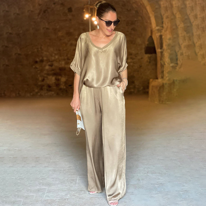 Rita | Damen Eleganter Lockerer Satin Jumpsuit