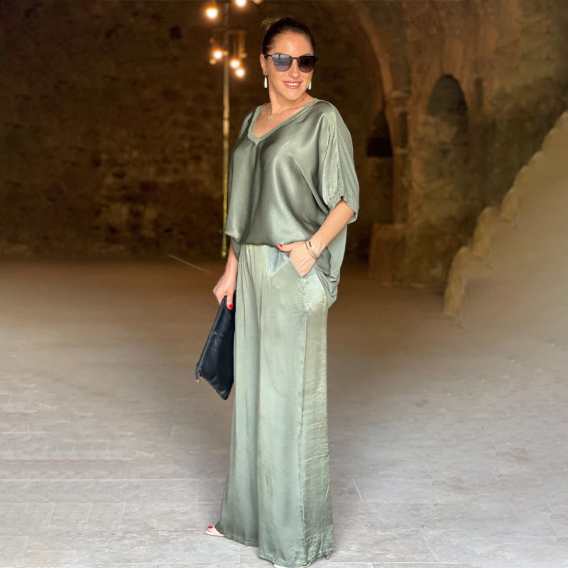 Rita | Damen Eleganter Lockerer Satin Jumpsuit