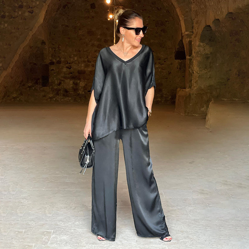 Rita | Damen Eleganter Lockerer Satin Jumpsuit