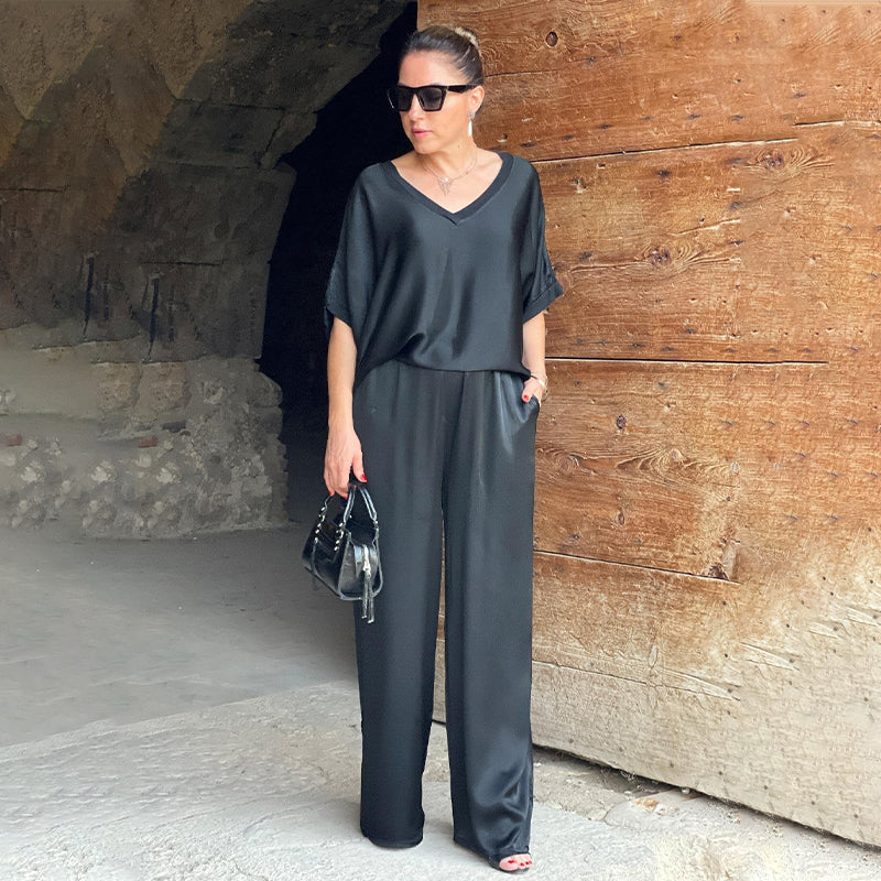 Rita | Damen Eleganter Lockerer Satin Jumpsuit